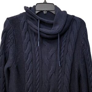 LL Bean Womens Navy Blue Cable Knit‎ Cowl Neck Drawstring Cotton Sweater Large